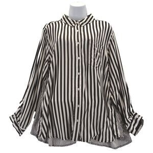 Jane + Delancey Womens 1X Large Button Long Sleeve Roll Tab Stripe Blouse Black